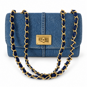 Azura blue denim bag with gold-tone chain woven with classic blue turn-lock closure