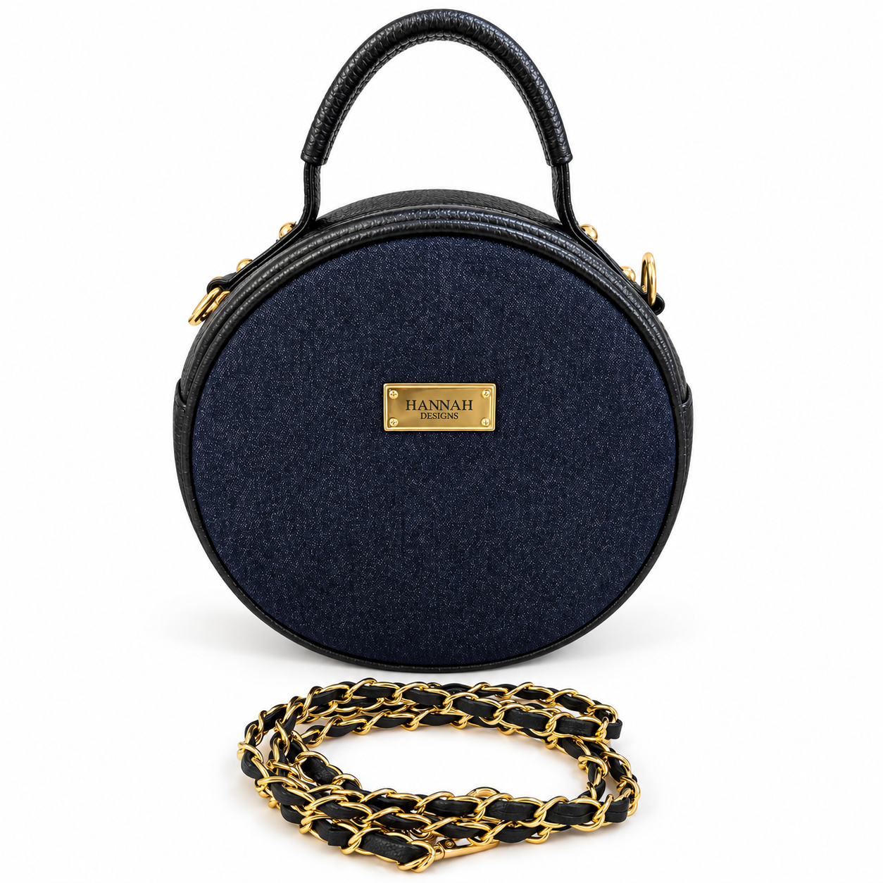 Round Navy Blue Soft denim handbag with black trim and gold-tone chain